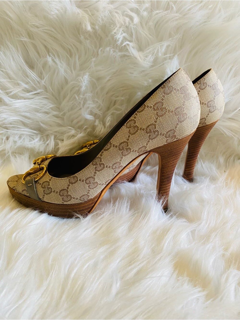 🛍️Gucci Authentic Horsebit Canvas Peep-Toe Pumps & All Original Packaging - Picture 10 of 17